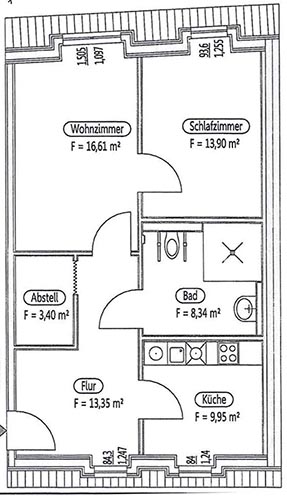 Grundriss für eine 65qm-Wohnung im Dachgeschoss (Dachschrägen):