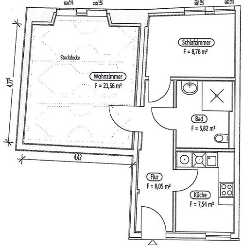 Grundriss für eine 52qm-Wohnung im Erdgeschoss (mit Stuckdecke im Wohnzimmer): 