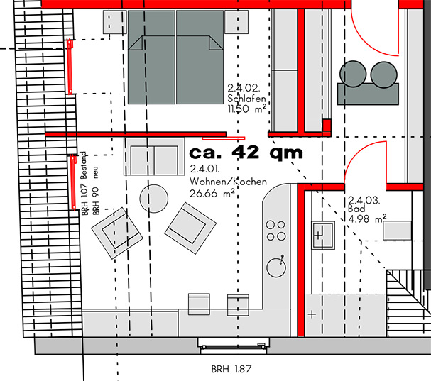 Grundriss für eine 42qm-Wohnung: